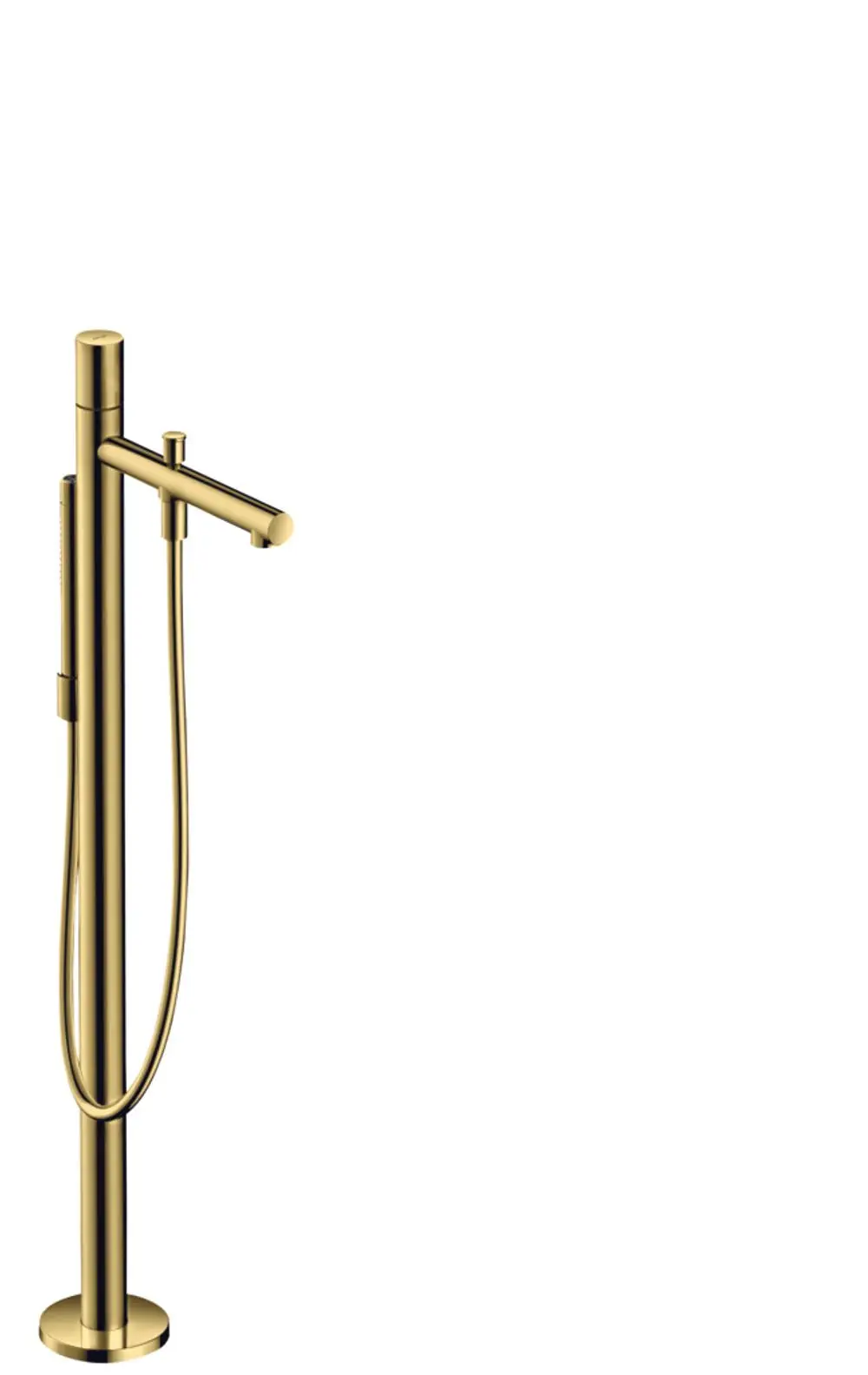 Bodenstehender Einhebel-Wannenmischer in Polished Gold Optic von AXOR, mit einem langen Auslauf und einem flexiblen Handbrauseanschluss.